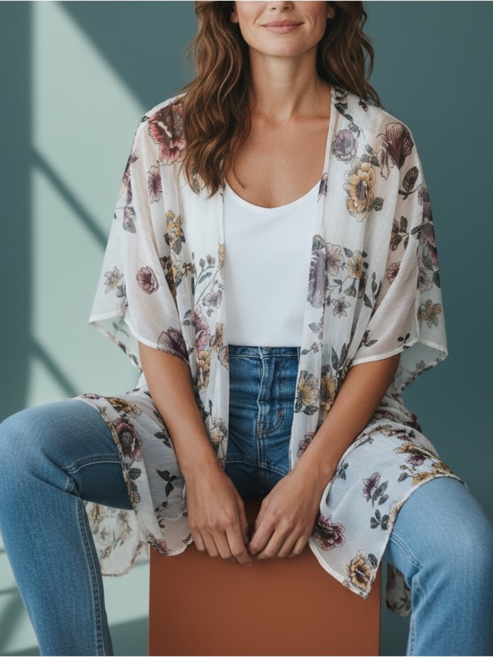 • White Floral Sheer Kimono cardigan CoverUp •